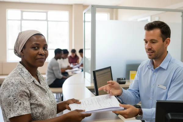 South African resident applying for municipal indigent support with documents at a service desk in 2026
