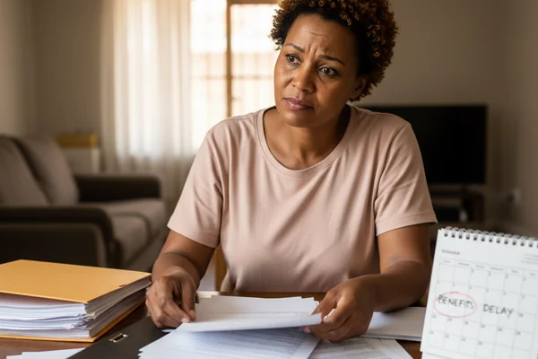South African caregiver sorting incomplete municipal support paperwork and a calendar to avoid delays in indigent benefits