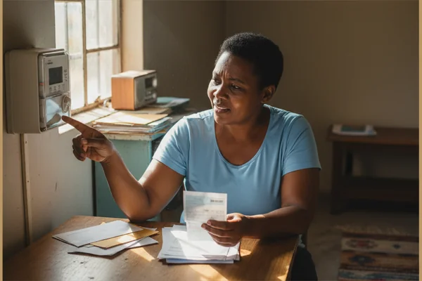 South African resident checking a utility bill and prepaid electricity meter information before applying for indigent support