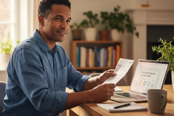 South African bill payer comparing a full utility bill with municipal support information on a laptop at home
